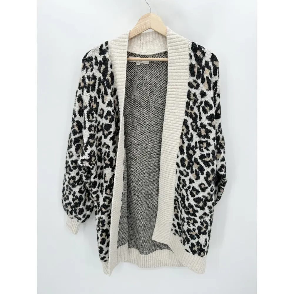 LOFT Leopard Print Cardigan Sweater S Cream Open Front Cozy Knit Preppy Chunky - Picture 9 of 9